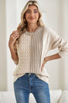 Khaki Cable Knit Colorblock Crew Neck Drop Shoulder Sweater