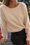 White Round Neck Lace Trim Bow Back Knit Sweater