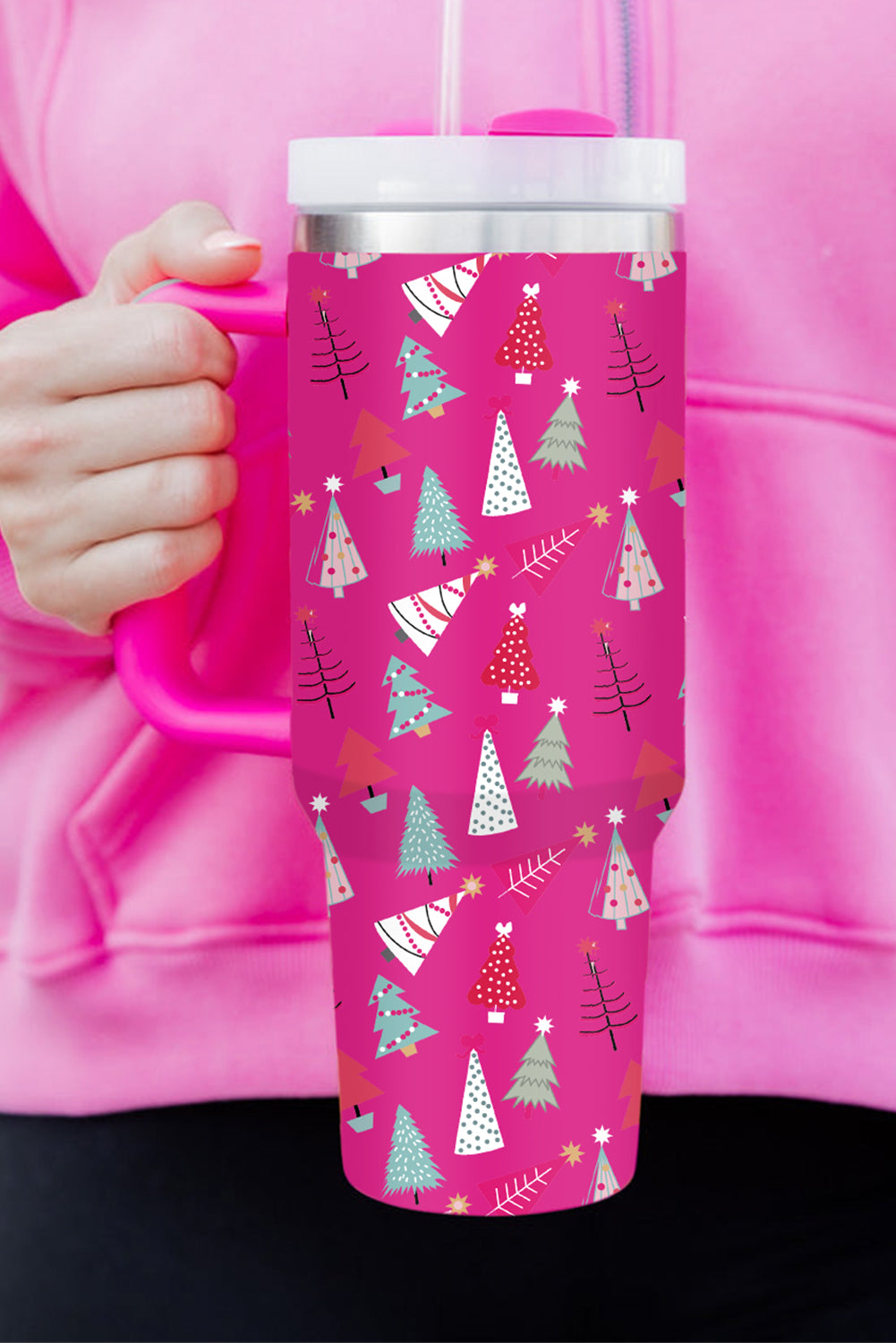 White Cartoon Christmas Tree Printed Thermos Cup