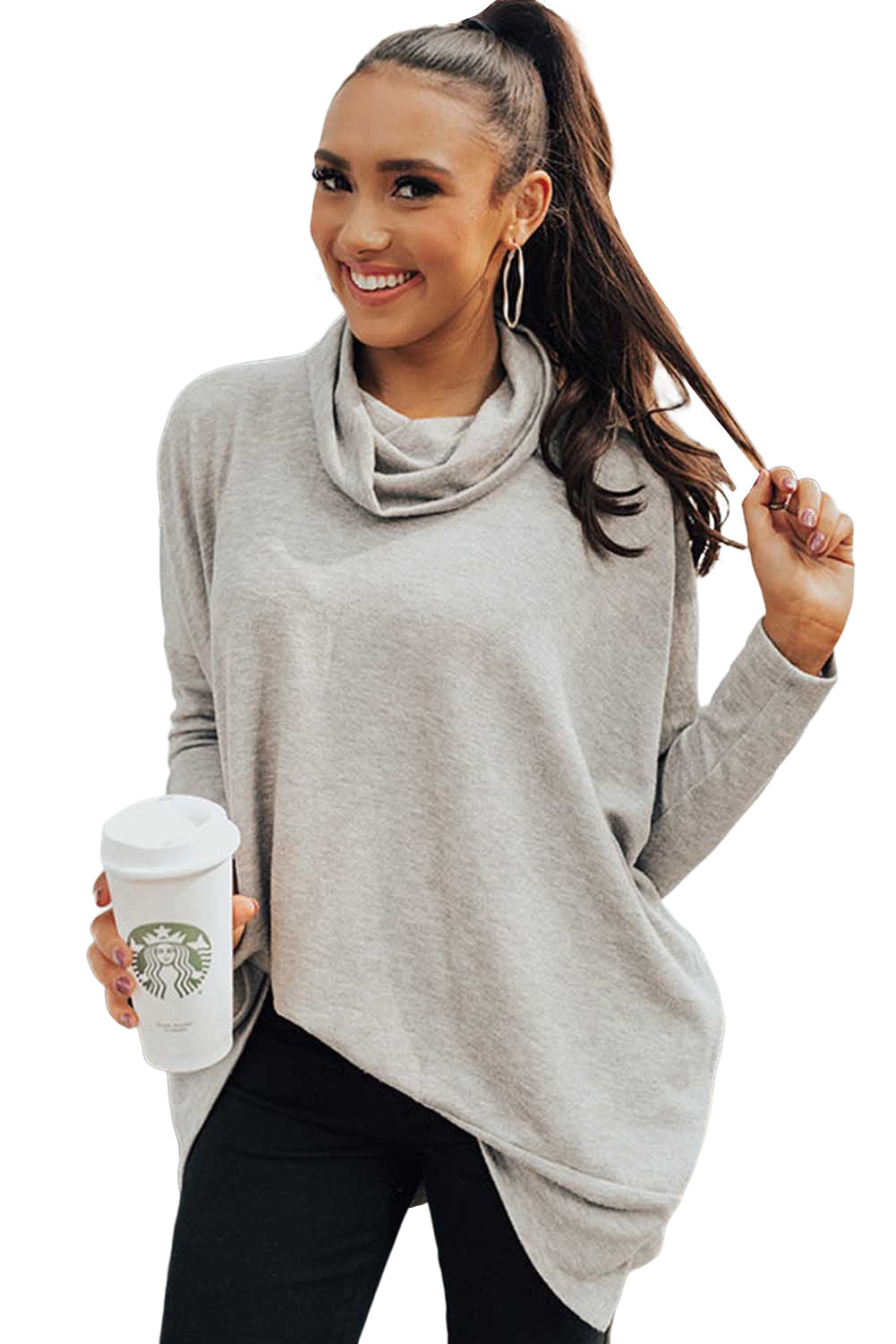 Black Cowl Neck Loose Fit Tunic Long Sleeve Top