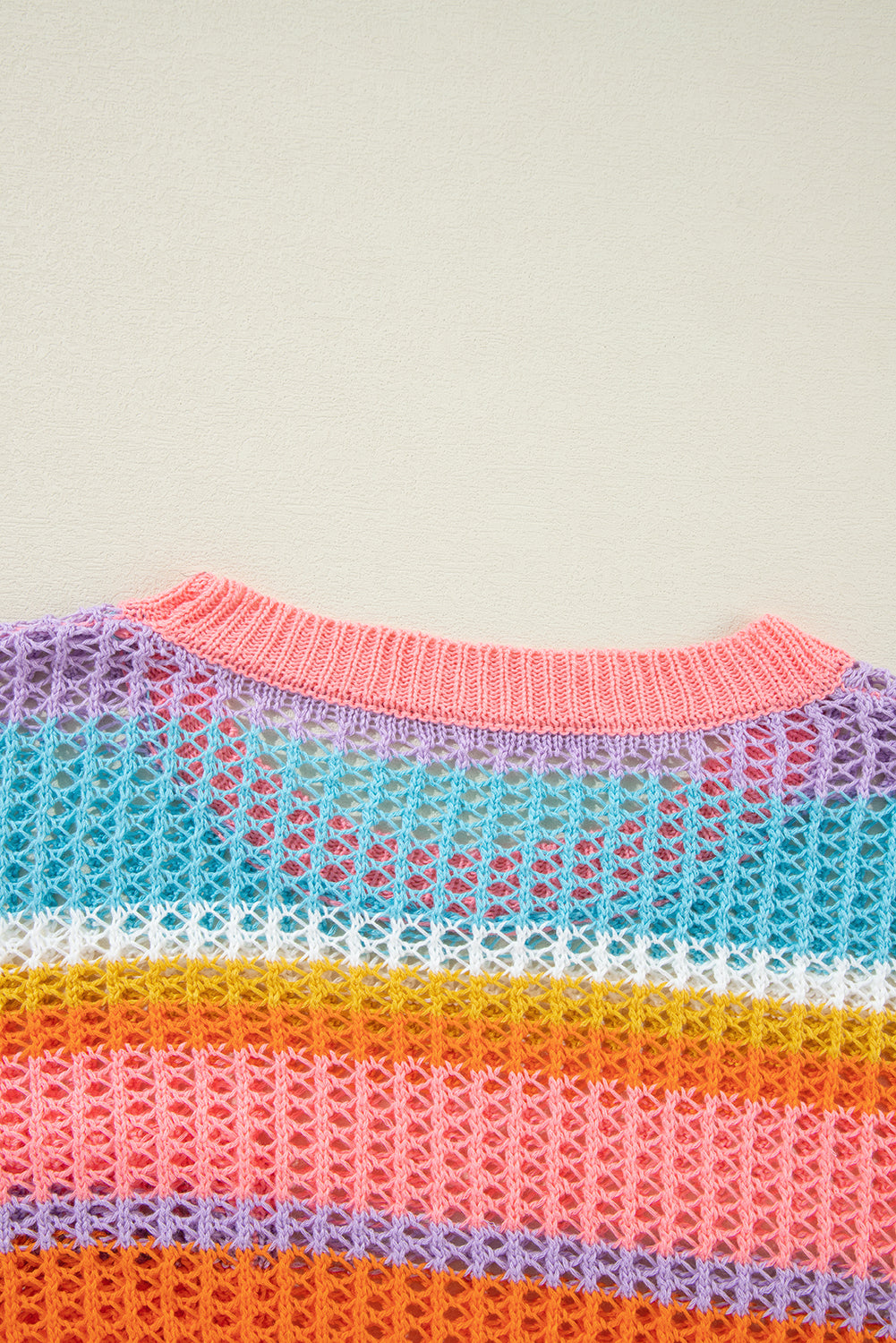 Pink Striped Color Block Hollow Crochet 3/4 Sleeve T Shirt