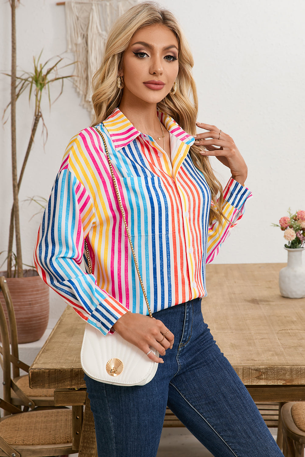 Colorful Striped Patch Pocket Long Sleeve Shirt