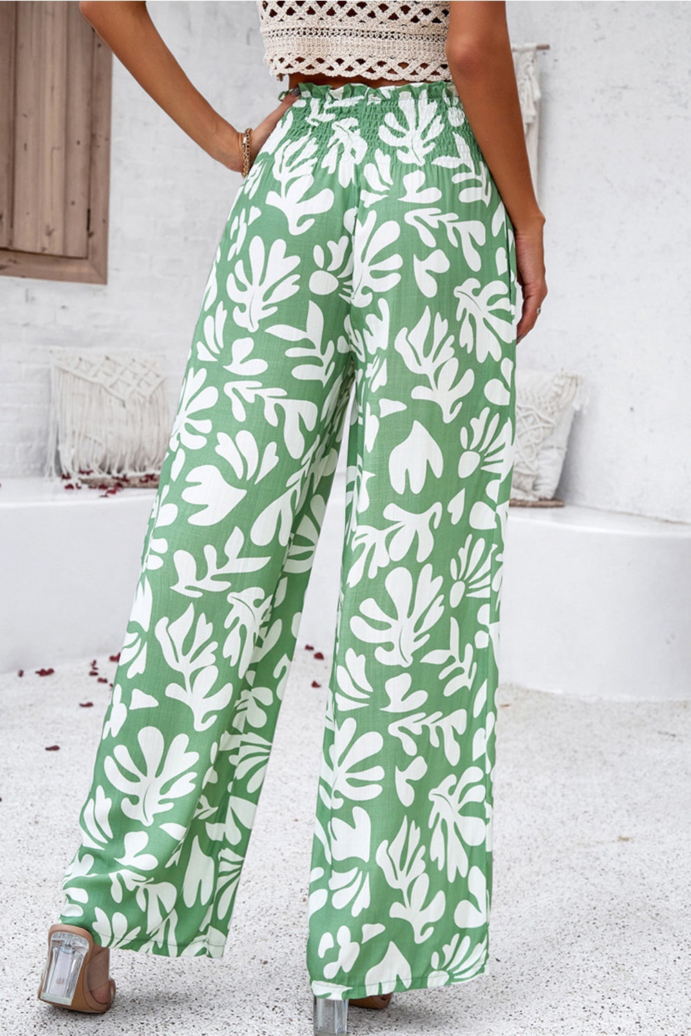 Green Boho Floral Print Frill Elastic Waist Pants