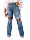 Blue Dark Wash Raw Hem High Waisted Plus Size Ripped Jeans