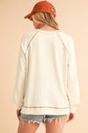 Beige Exposed Seam Crinkle Rib V Neck Pullover Top