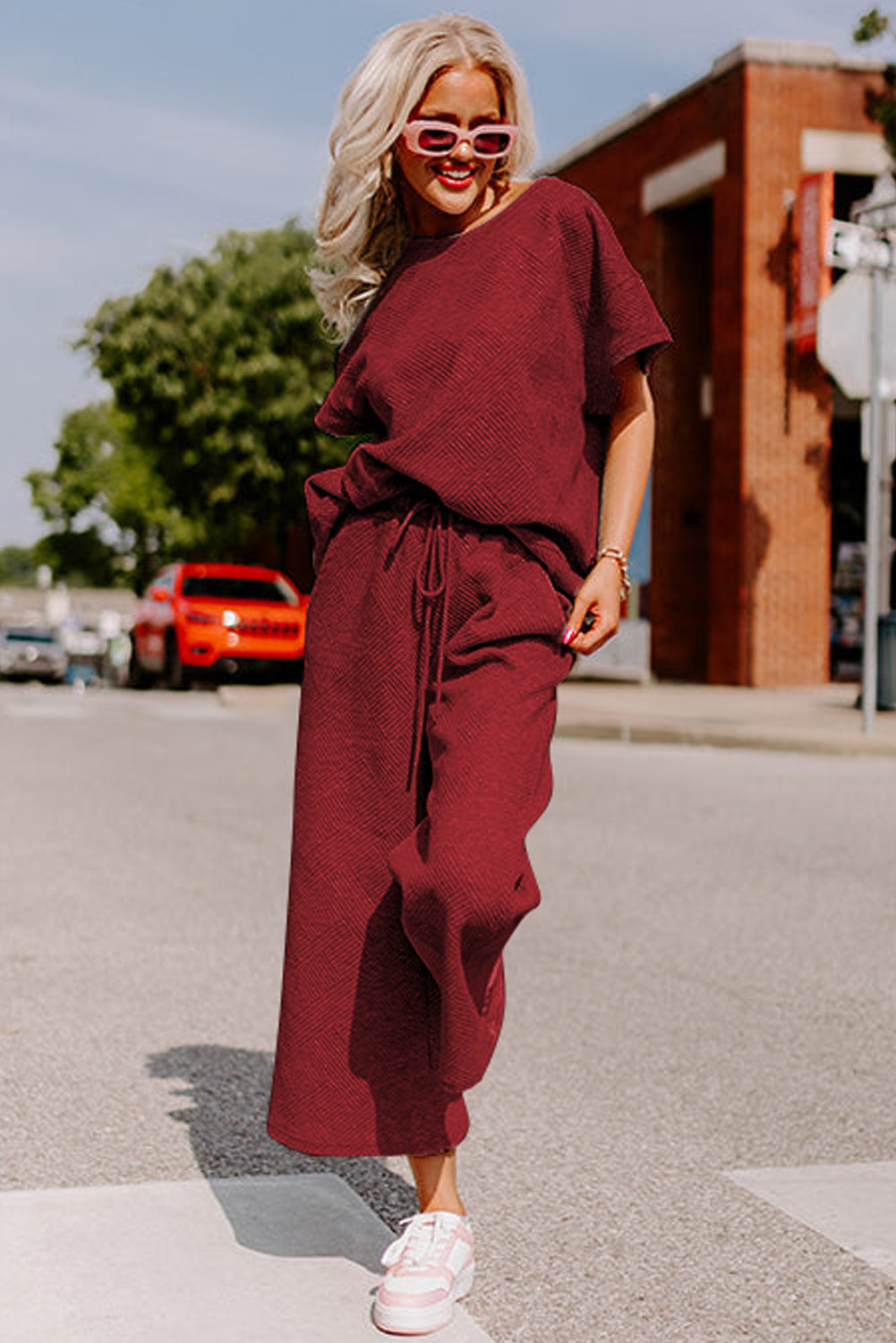 Red Dahlia Textured Loose Fit T Shirt & Drawstring Pants Set