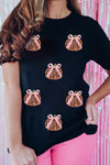 Black Sequin Bow Pumpkin Patched Cotton Blend T Shirt