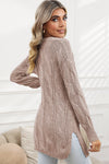 Apricot Ribbed Trim Hollow Knit Side Slits Cardigan