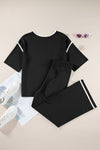 Navy Blue Loose Contrast Trim Half Sleeve Top and Drawstring Pants Set