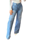 Light Blue Floral Beads Decor High Rise Wide Leg Jeans