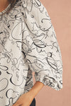 Beige Abstract Print Balloon Sleeve Crew Neck Blouse