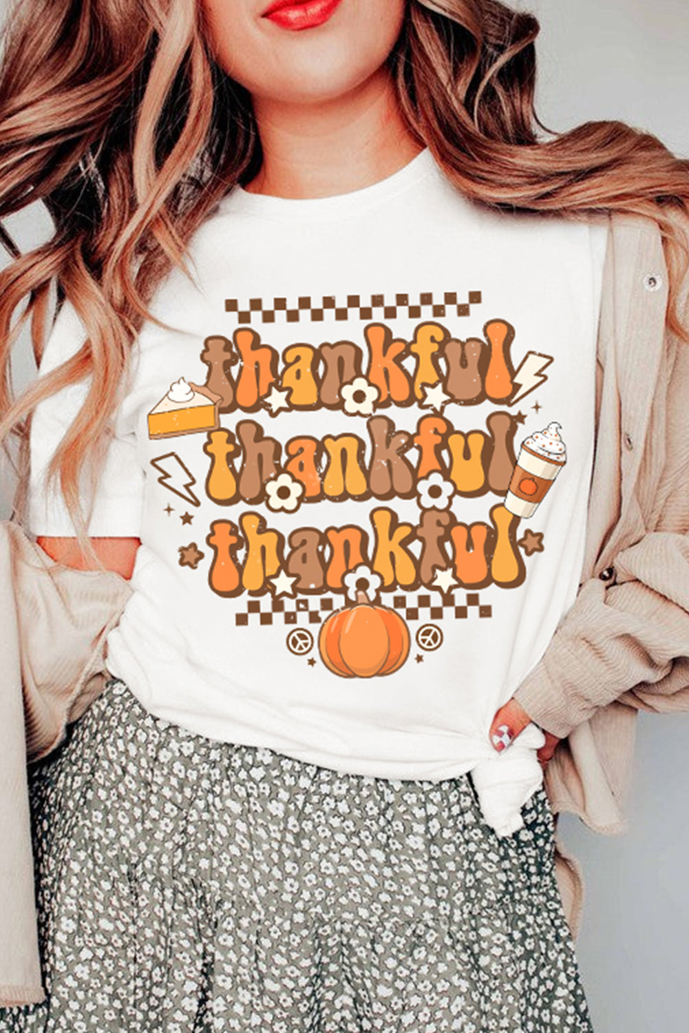 Khaki thankful Crewneck Thanksgiving Graphic Tee