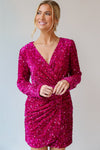 Pitaya Pink Velvet Sequin Long Sleeve V Neck Wrapped Mini Dress