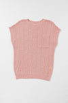 Bright Pink Lattice Textured Knit Chest Pocket Loose Blouse