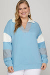 She + Sky Full Size Color Block Sleeve Johnny Collar French Terry Sweatshirt Plus Size