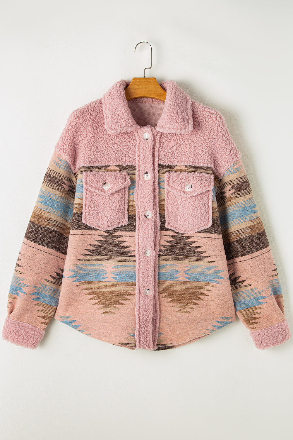 Pink Aztec Print Sherpa Splicing Buttoned Flap Pocket Coat