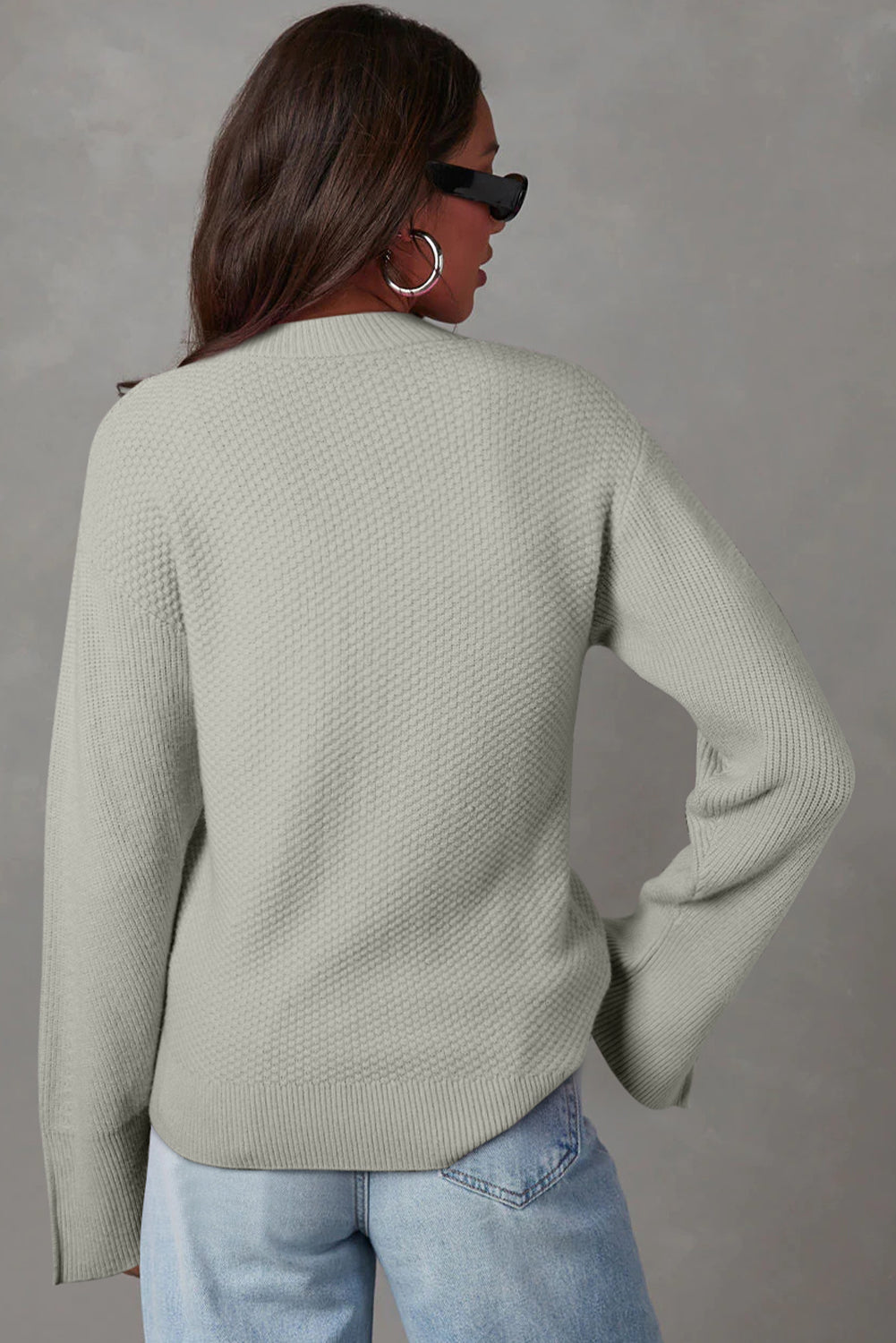 Gray Textured Knit Split Cuff Drop Shoulder Loose Sweater