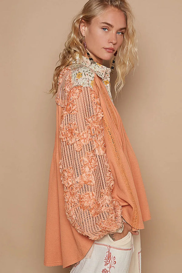 POL Floral Half Button Lace Detail Long Sleeve Top