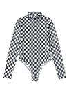 Black Checkered Print Long Sleeve Mock Neck Bodysuit