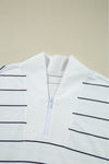 White Striped Zipper V-Neck Drop Sleeve Top