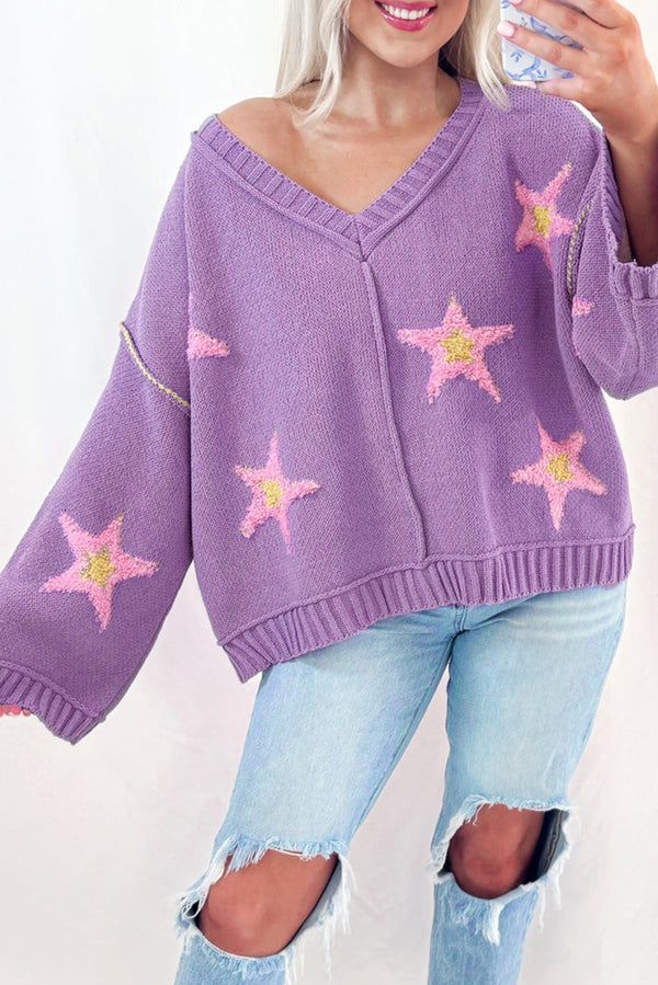 Lavendula Brushed Star Graphic V Neck Drop Shoulder Oversize Sweater