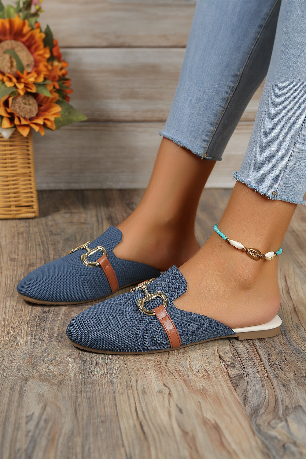 Sky Blue Leather Strap Buckle Decor Slip On Flats