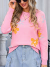 Angel Wings Flower Round Neck Dropped Shoulder Sweater - Cocoa Yacht Club