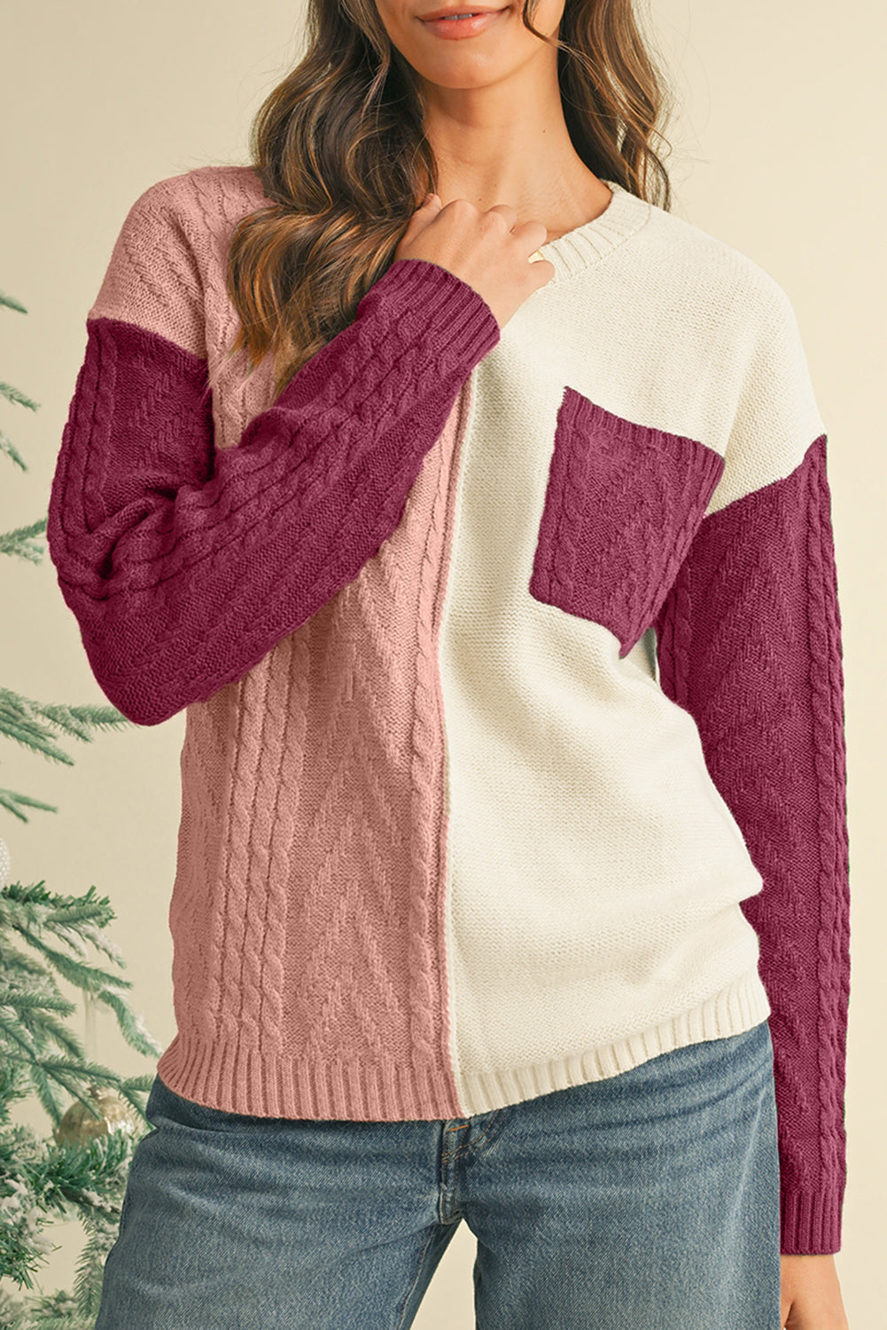 Rose Tan Colorblock Pocket Drop Shoulder Sweater