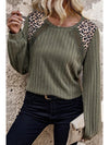 Moss Green Leopard Print Patchwork Crochet Rib Textured Top