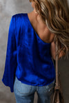 Blouses Dark Blue Asymmetric One Shoulder Bell Sleeve Satin Blouse.