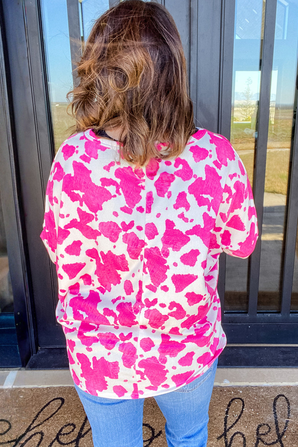 Rose Animal Print Long Sleeve V Neck Plus Size Top