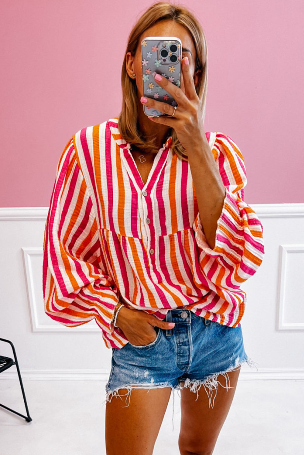 Orange Stripe Balloon Sleeve Notched V Neck Blouse