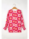 Smocked Cuff Printed Round Neck Long Sleeve Blouse