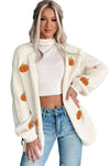 White Pumpkin Print Open Front Drop Shoulder Knit Cardigan