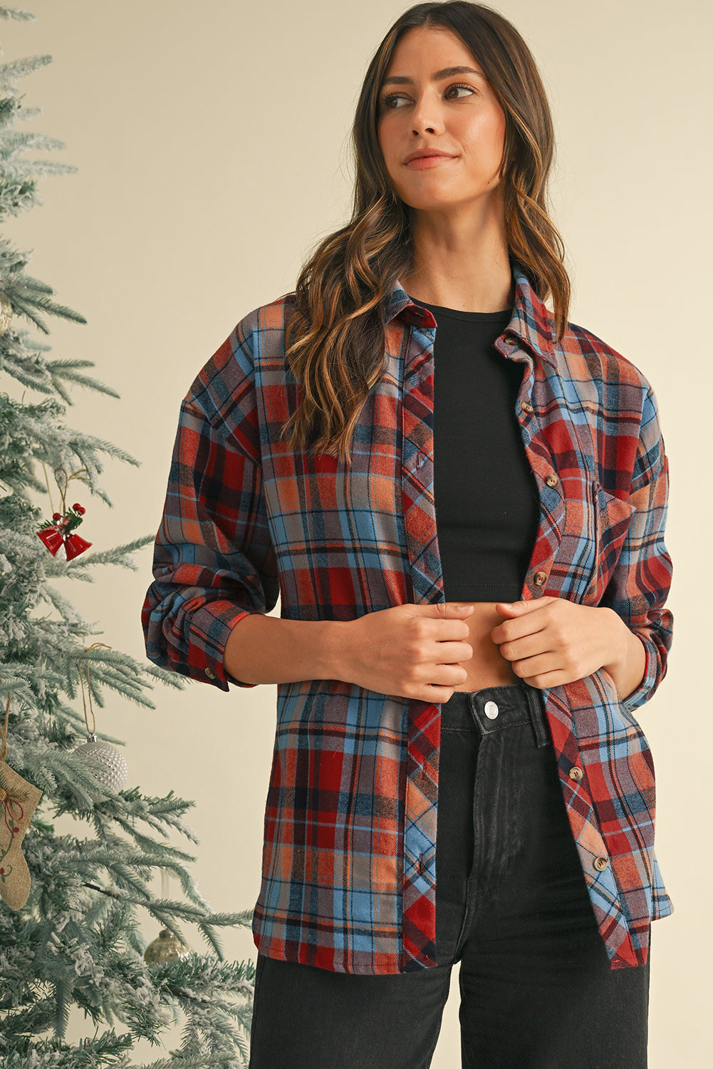 Red Plaid Print Drop Sleeve Loose Shirt