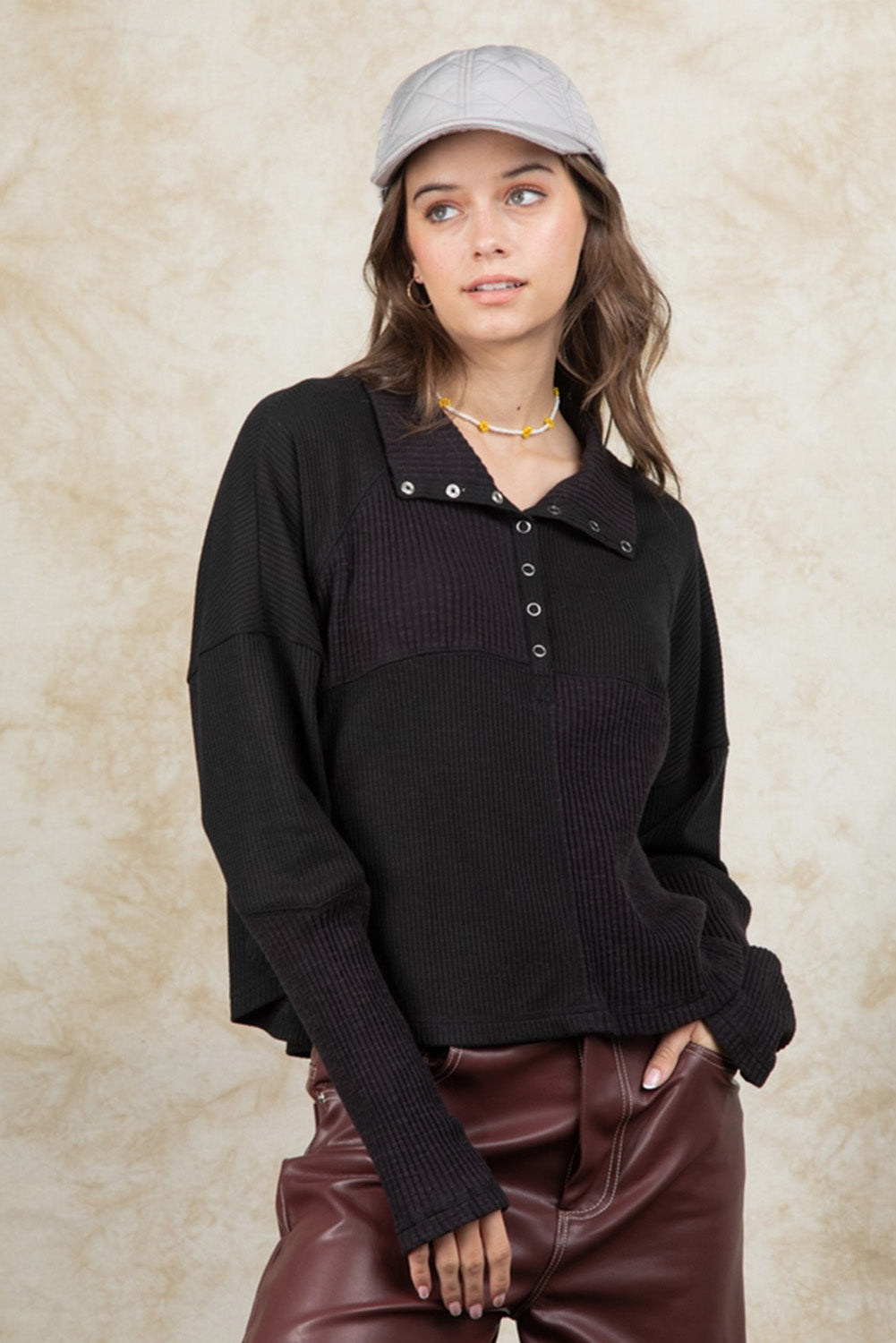 Black Ribbed Knit Drop Sleeve Collared Henley Sweater