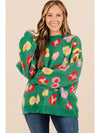 Green Plus Size Floral Knitted Drop Shoulder Sweater