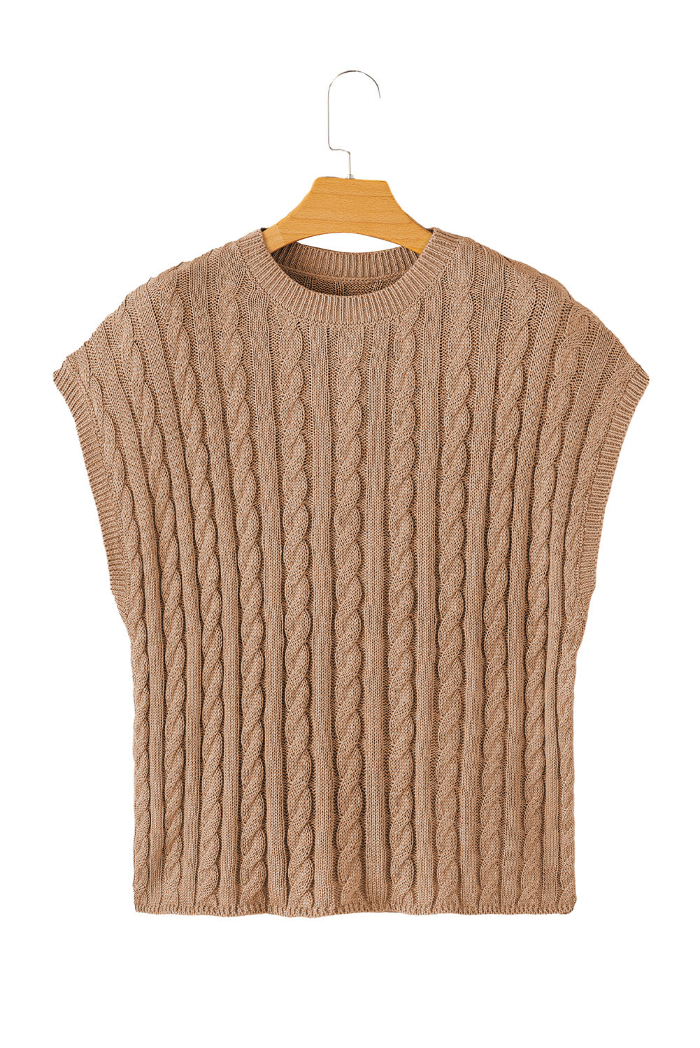 Flaxen Solid Color Cable Knit Short Sleeve Sweater