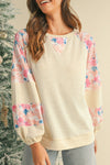 Apricot Crinkle Rib Floral Patchwork Balloon Sleeve Top