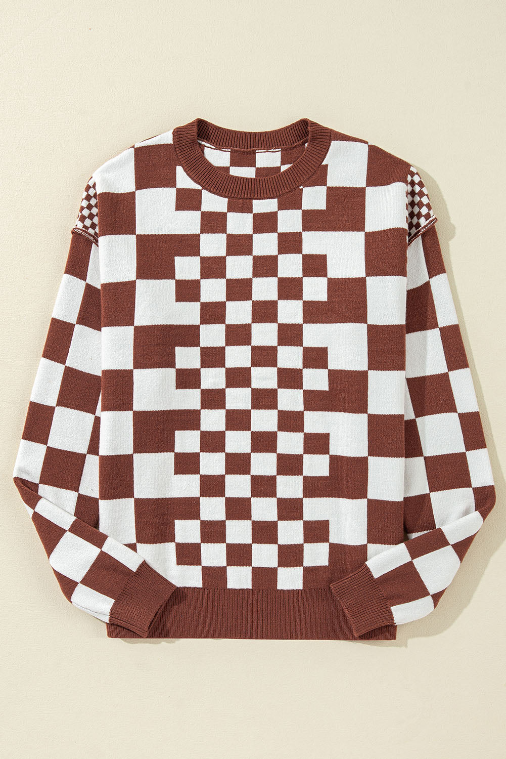 Carrot Checkered Drop Shoulder Round Neck Sweater