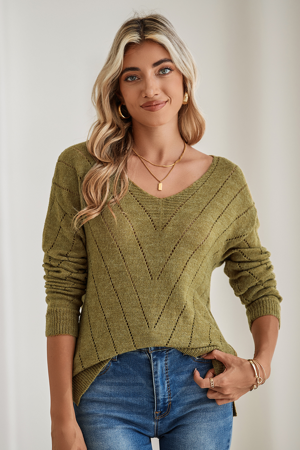 Sage Green Solid Eyelet Drop Shoulder V Neck Sweater