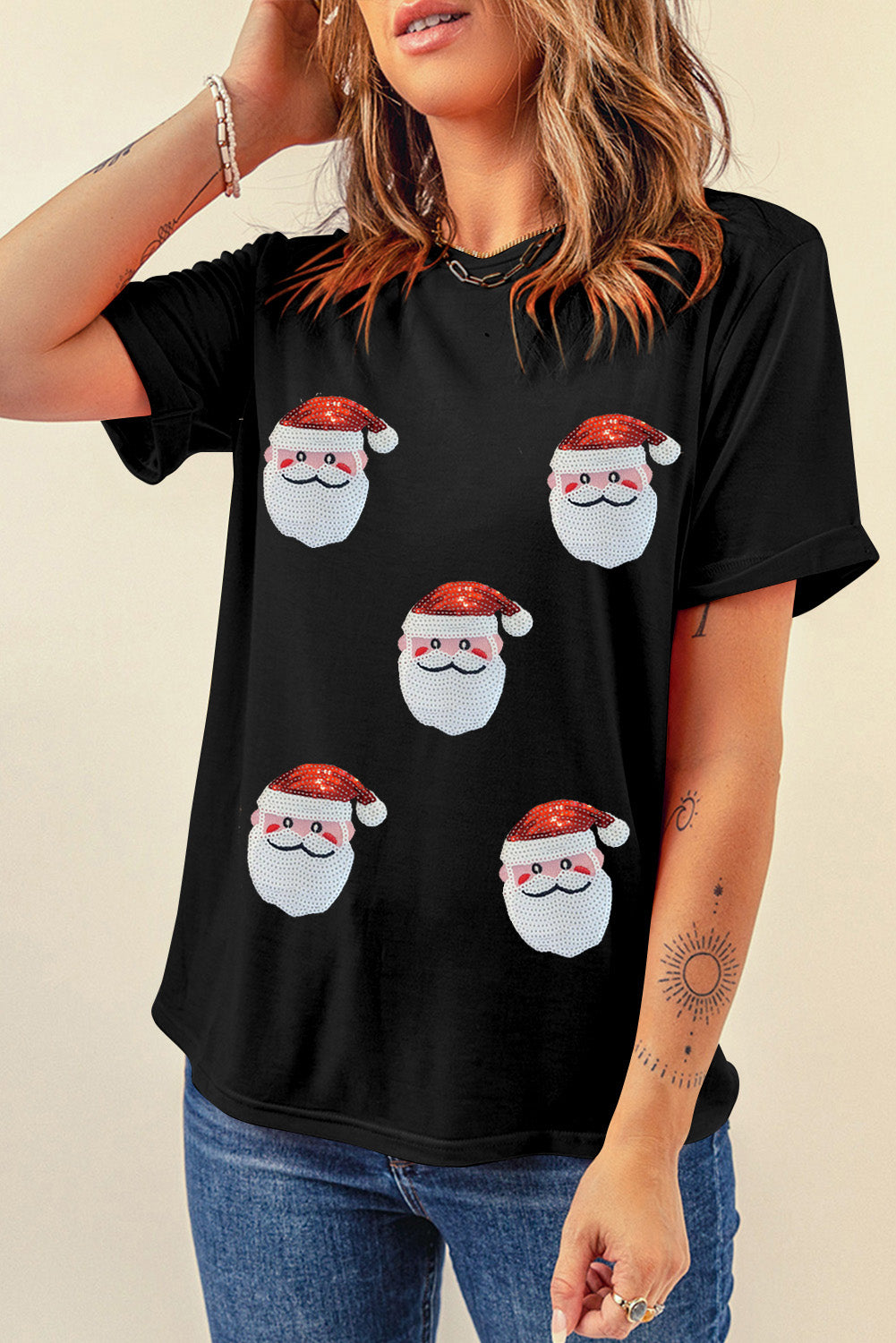 Red Sequin Christmas Claus Pattern Crewneck T Shirt