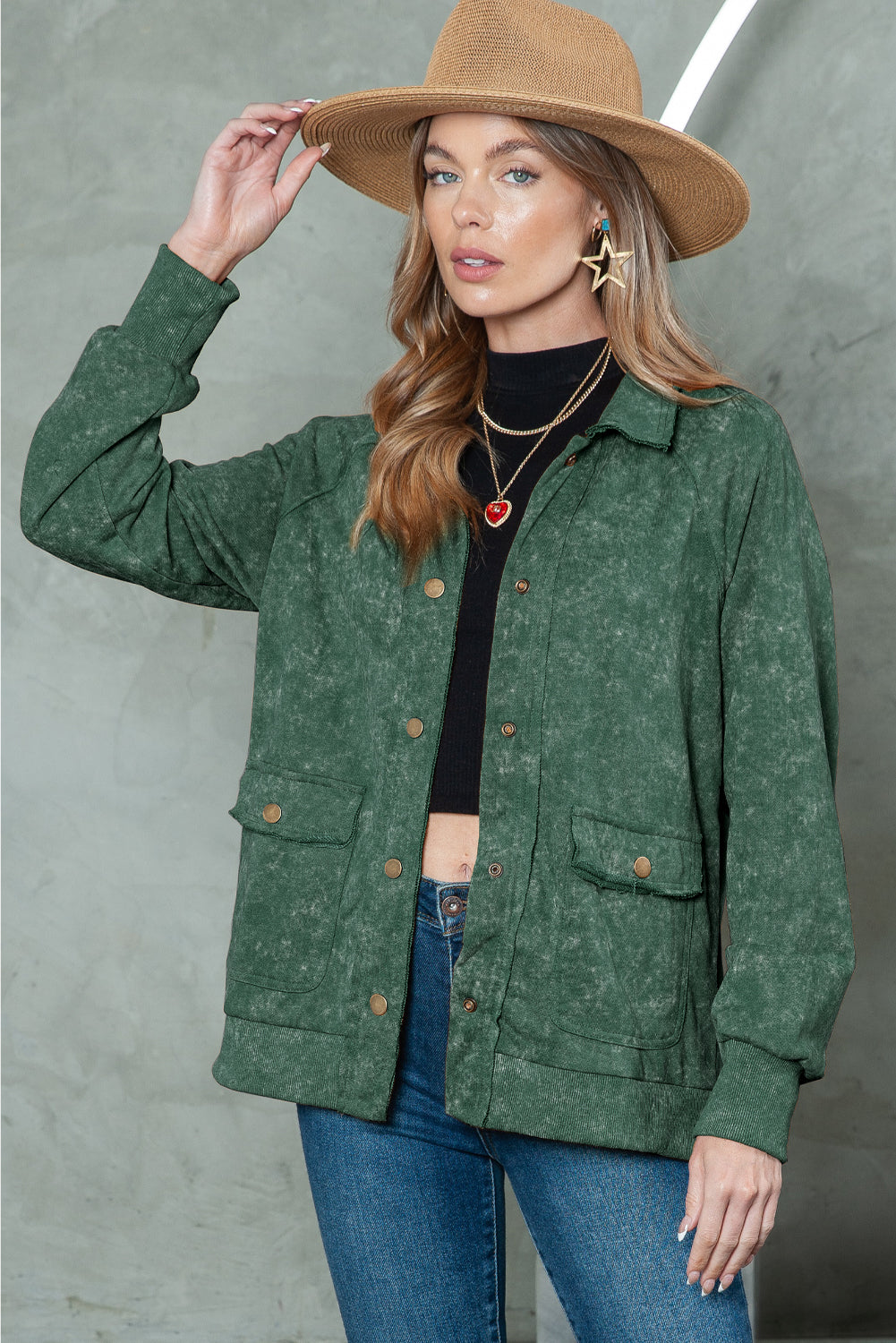 Green Snap Button Casual Flap Pockets Collared Jacket