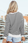 White Stripe Buttoned Crew Neck Oversized Sweatshirt