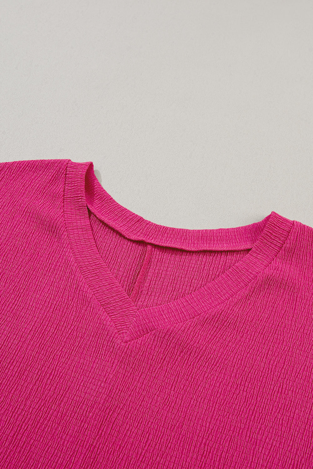 Bright Pink Basic Plain Textured V Neck T Shirt