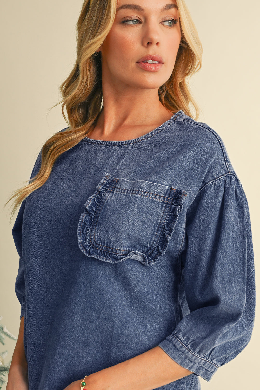 Sky Blue Frill Trim Puff Sleeve Pocket Denim Blouse