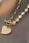 Gold Heart Shape Pendant Rhinestone Pearl Chain Necklace