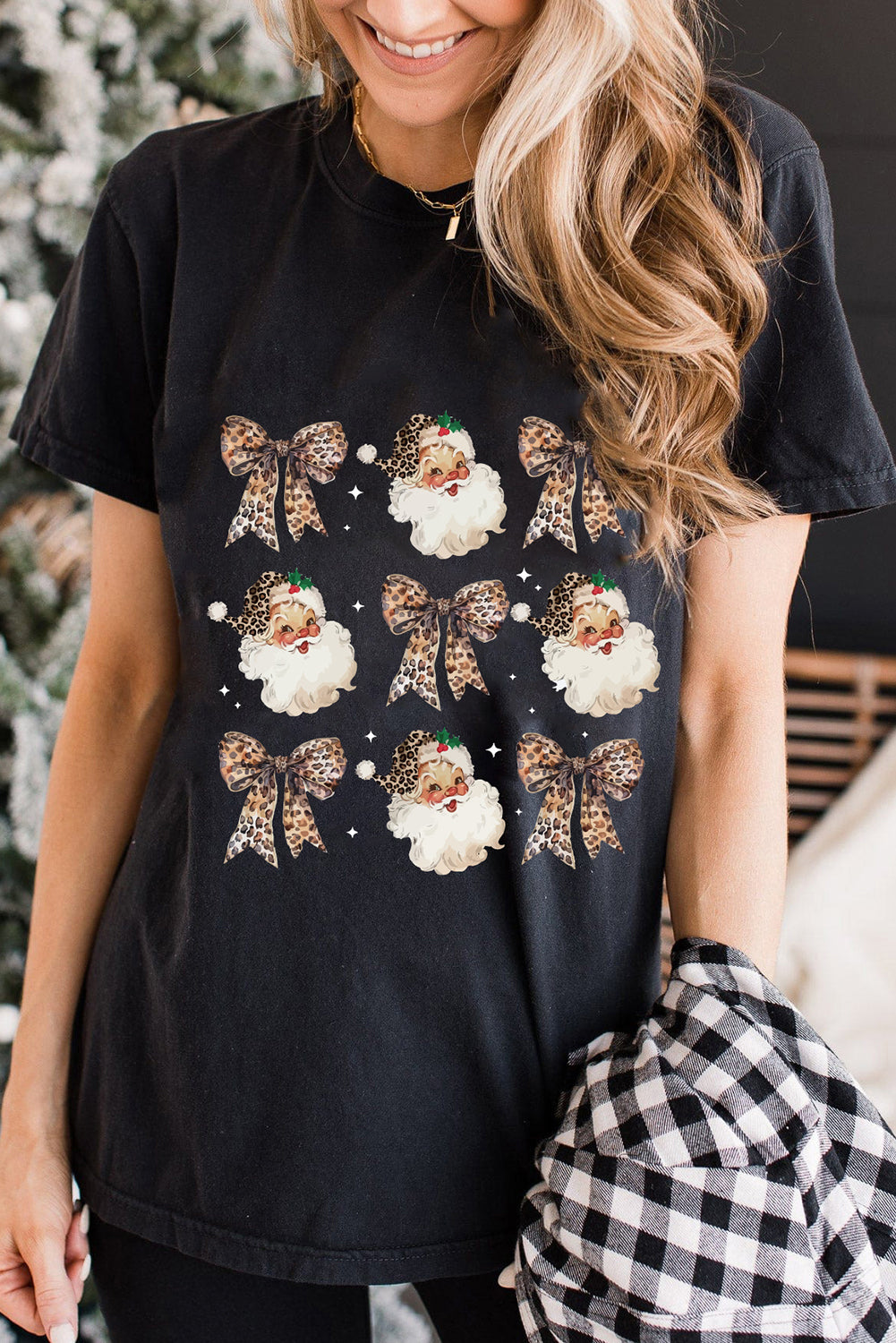 White Santa Claus Leopard Bow Print Crew Neck Graphic T Shirt