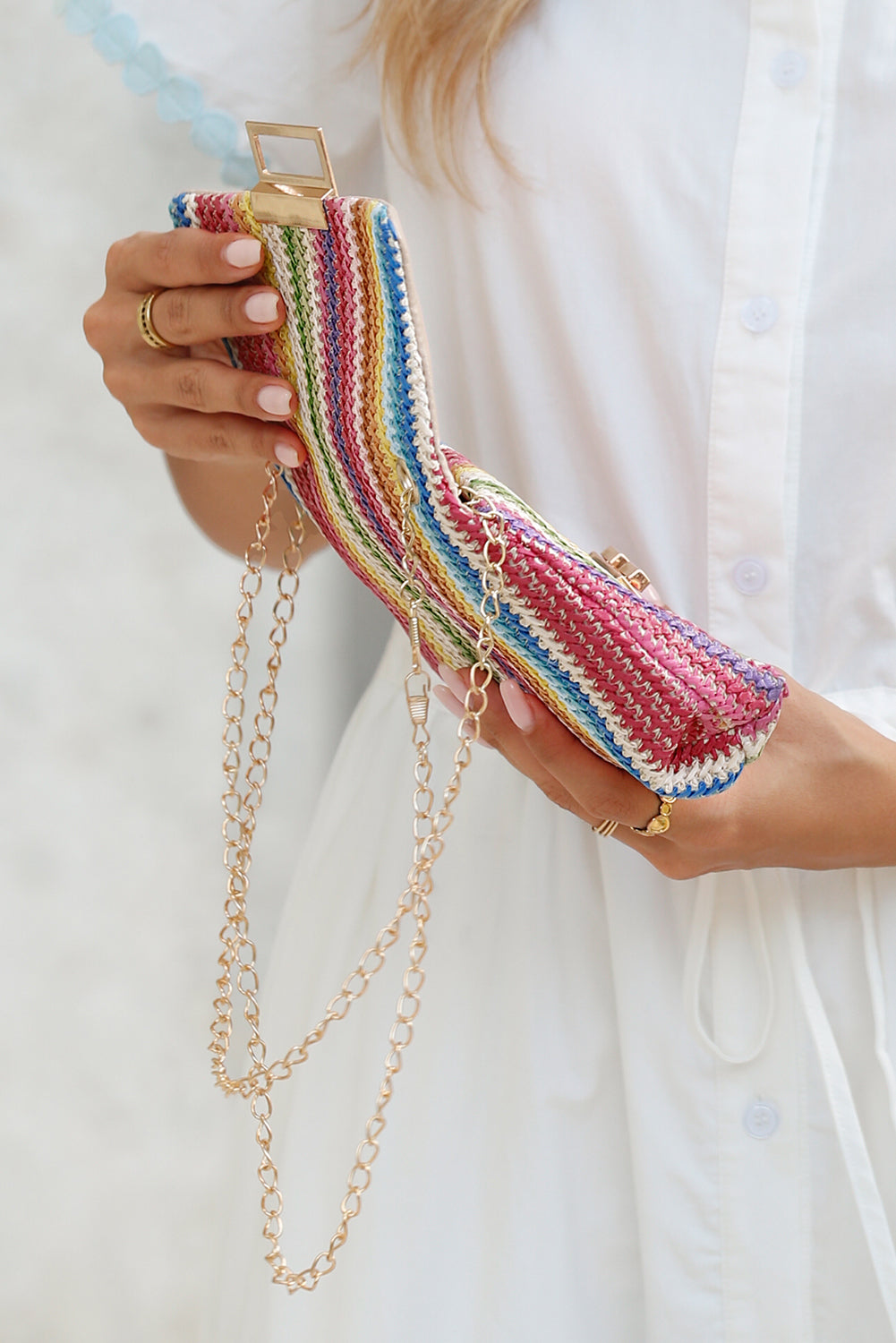 Multicolour Striped Crochet Flapped Single Shoulder Bag