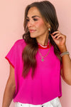 Rose Red Contrast Trim Round Neck Short Sleeve Loose Knit Top